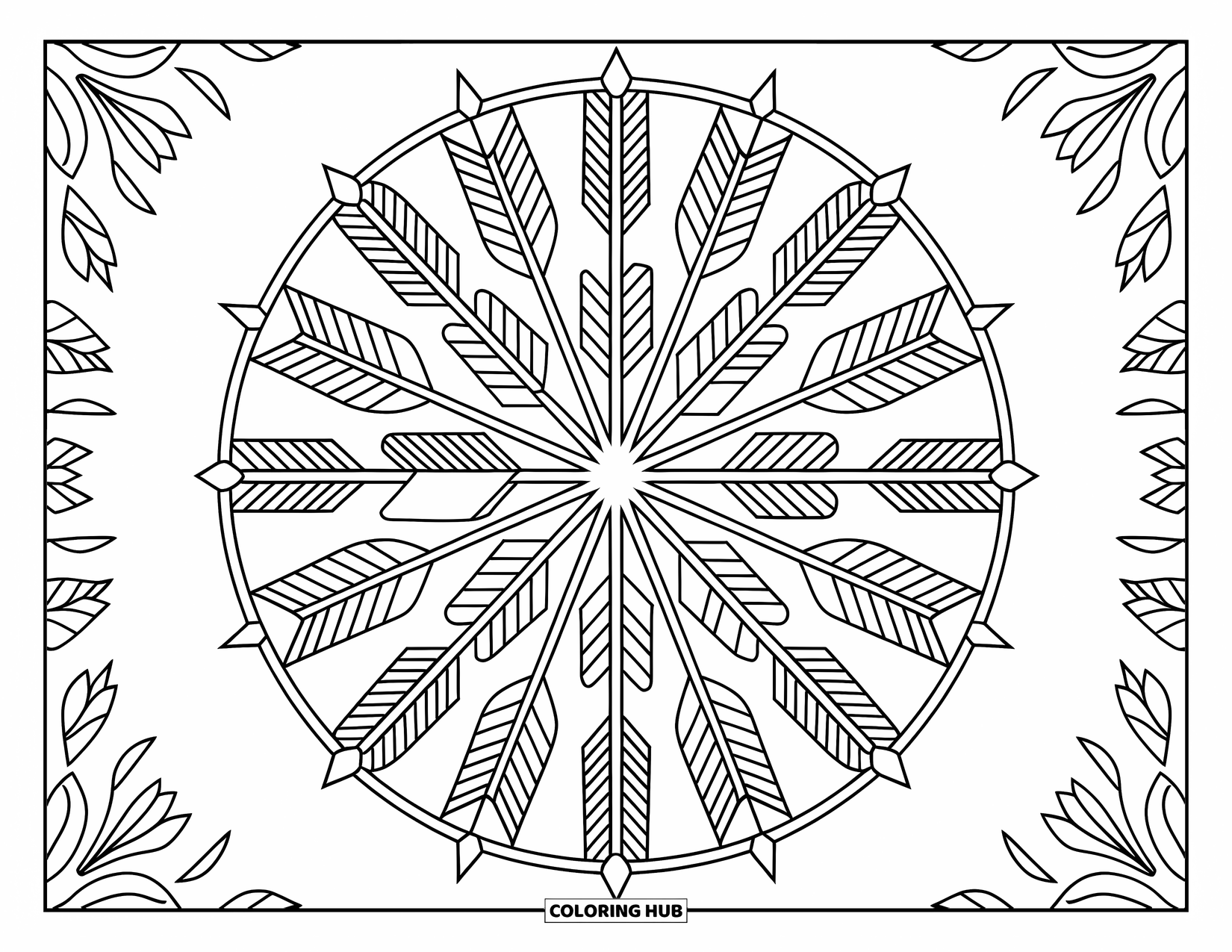 Bohemian Mandala Coloring Page for Adults: A circular mandala with feathers, arrows, and plant motifs framed by a decorative border