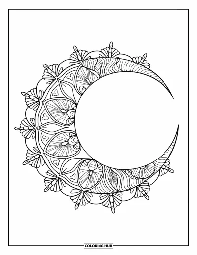 Bohemian Mandala Coloring Page for Adults: A crescent moon design with floral and starburst details across its arc