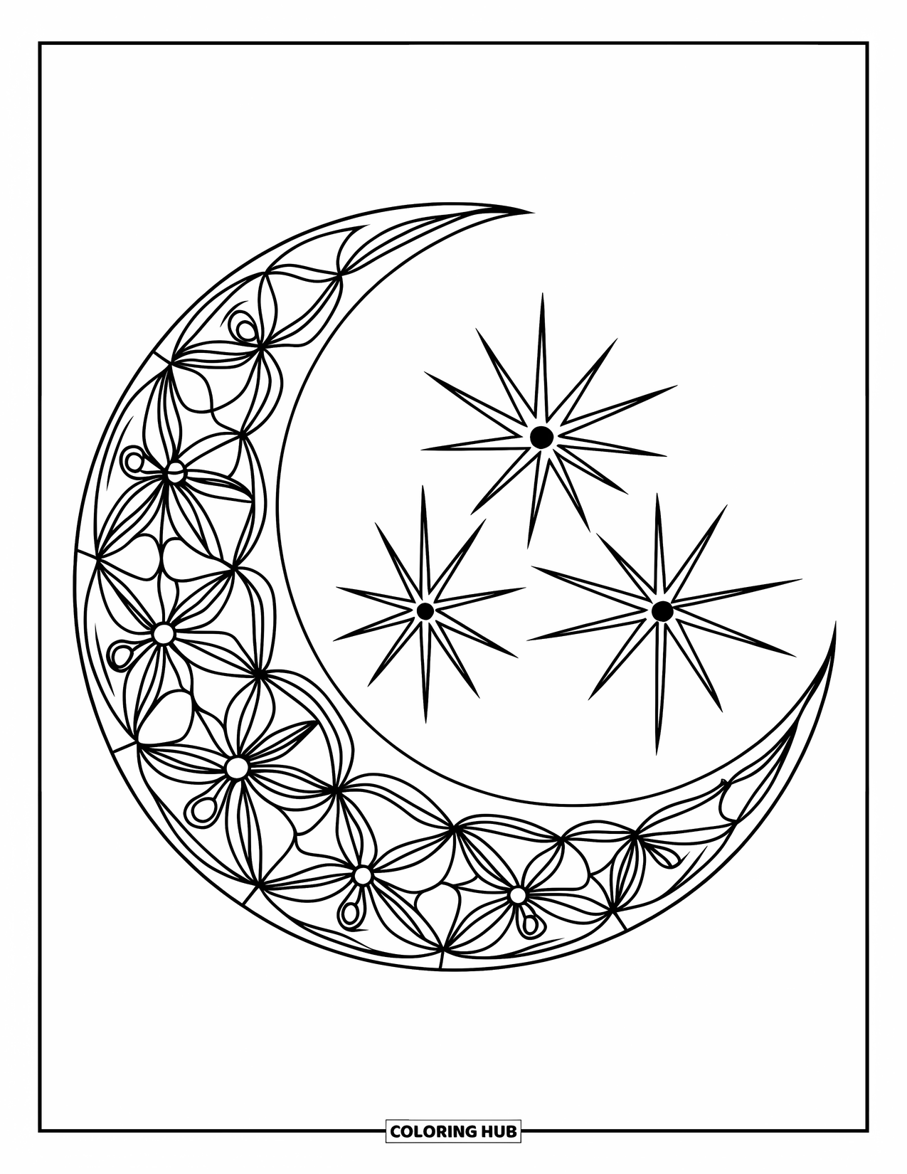 Bohemian Mandala Coloring Page for Adults: A crescent moon filled with floral and starburst patterns in a bold mandala style