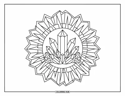 Bohemian Mandala Coloring Page for Adults: A crystal cluster sits at the center of a sharp-angled bohemian mandala