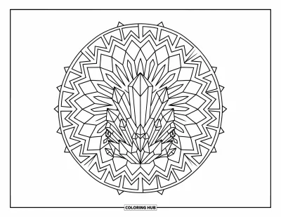 Bohemian Mandala Coloring Page for Adults: A crystal cluster surrounded by a mandala filled with bold, angular patterns