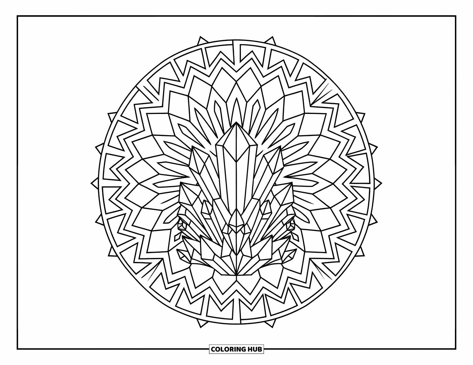 Bohemian Mandala Coloring Page for Adults: A crystal cluster surrounded by a mandala filled with bold, angular patterns