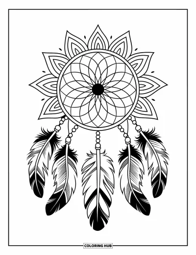 Bohemian Mandala Coloring Page for Adults: A dreamcatcher hanging from a branch with tribal mandala patterns and feathers