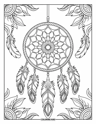 Bohemian Mandala Coloring Page for Adults: A dreamcatcher with a woven center and feathers, framed by tribal mandala shapes