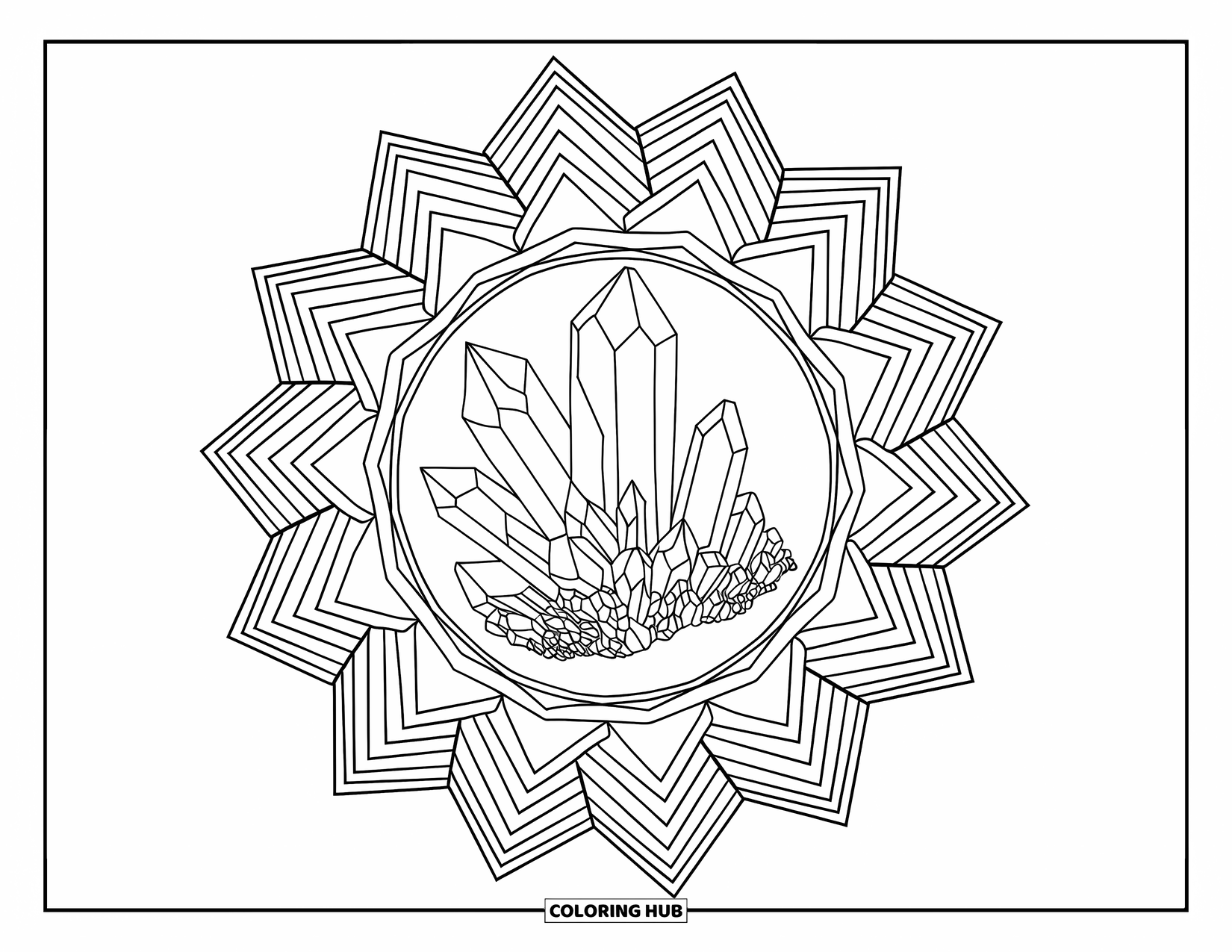 Bohemian Mandala Coloring Page for Adults: A faceted crystal cluster surrounded by geometric mandala layers with sharp angles