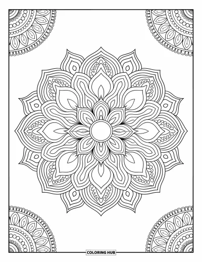 Bohemian Mandala Coloring Page for Adults: A full-page lotus mandala with paisley, dots, and a decorative background