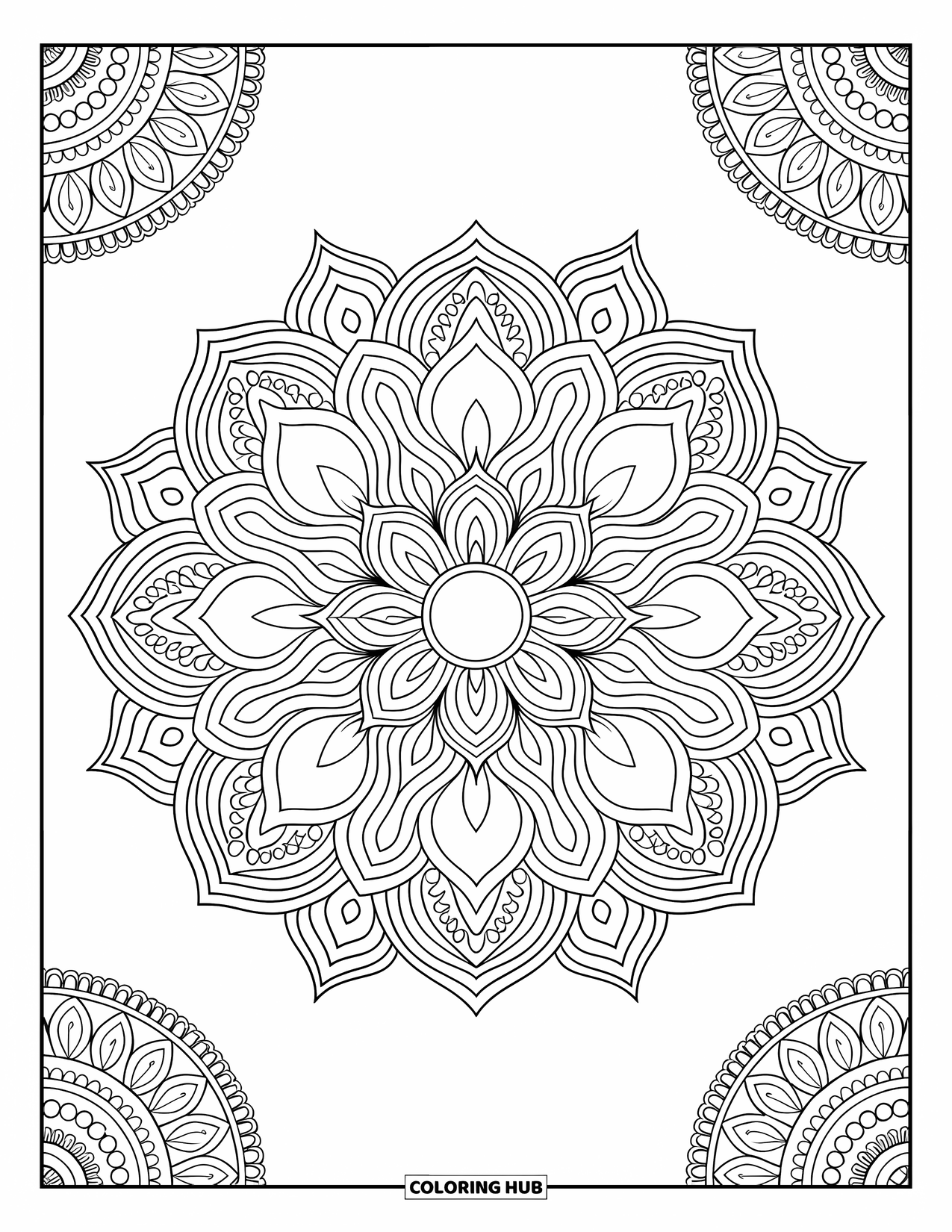 Bohemian Mandala Coloring Page for Adults: A full-page lotus mandala with paisley, dots, and a decorative background