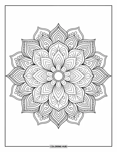 Bohemian Mandala Coloring Page for Adults: A layered mandala with lotus petals, paisley patterns, and dotted accents