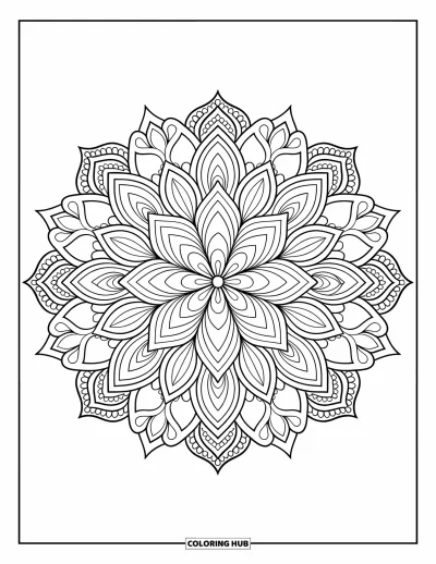 Bohemian Mandala Coloring Page for Adults: A lotus mandala with layered petals, paisley shapes, and intricate details