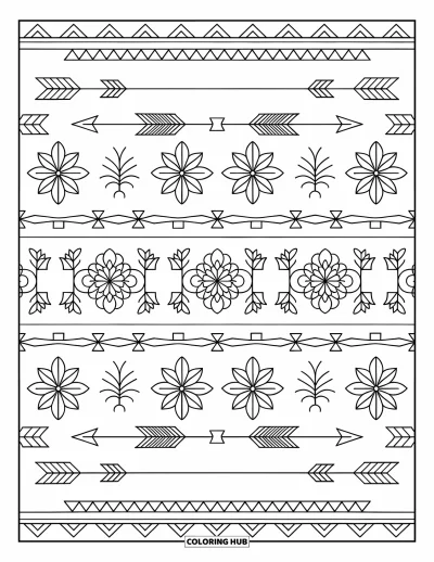 Bohemian Mandala Coloring Page for Adults: A repeating pattern of tribal arrows and flowers in a bold, boho layout