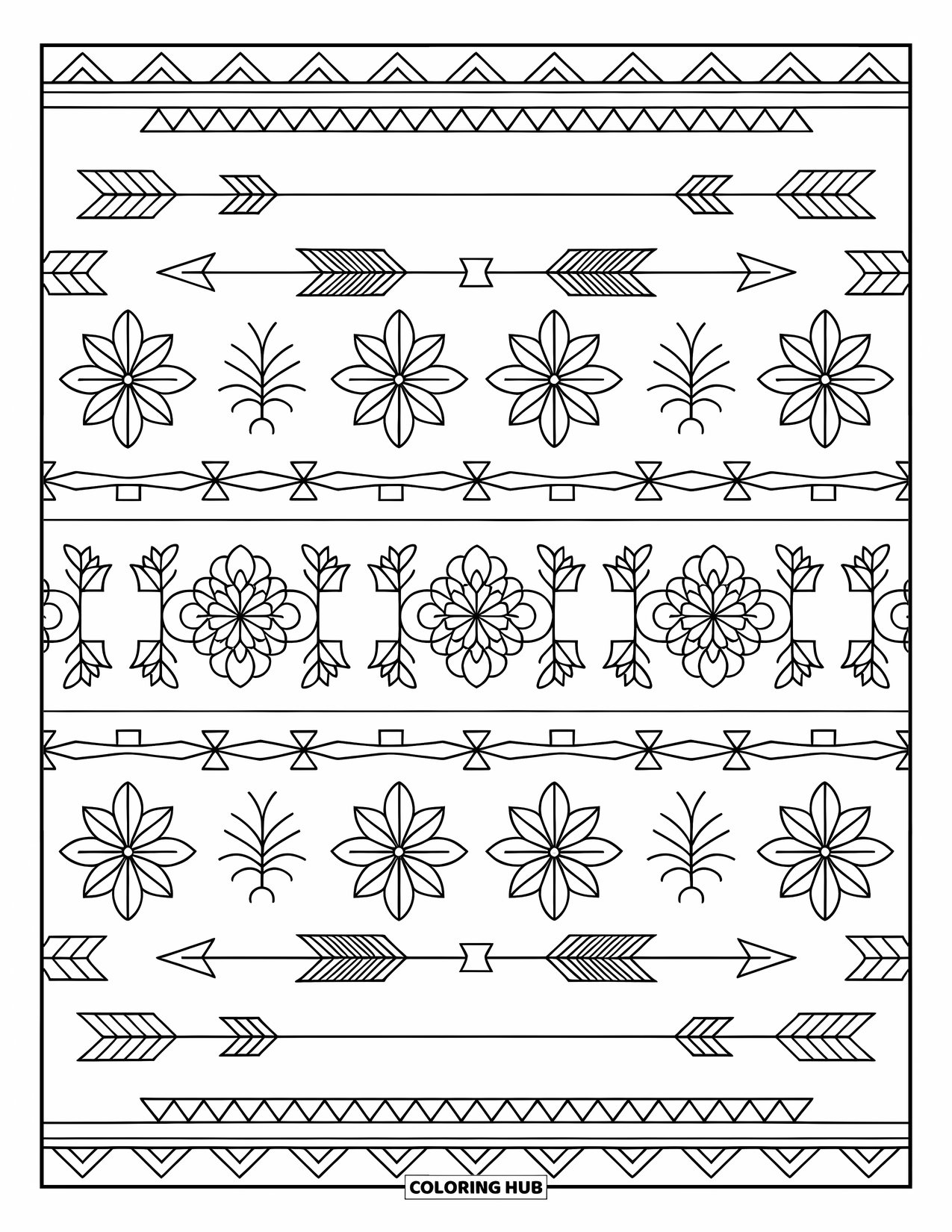 Bohemian Mandala Coloring Page for Adults: A repeating pattern of tribal arrows and flowers in a bold, boho layout