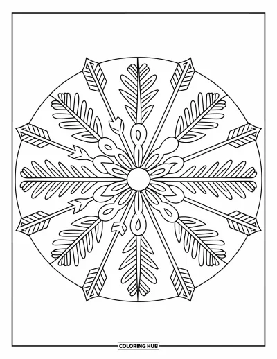Bohemian Mandala Coloring Page for Adults: A round design with boho-style floral motifs and tribal arrows