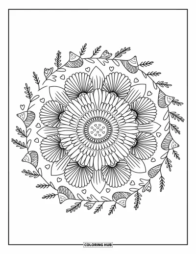 Bohemian Mandala Coloring Page for Adults: Bursting floral mandala with cute twigs, hearts, and cozy outlines