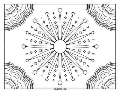 Bohemian Mandala Coloring Page for Adults: Celestial mandala with sleepy moons, sparkly stars, and cute mini doodles