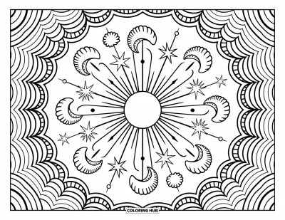 Bohemian Mandala Coloring Page for Adults: Celestial mandala with sunburst beams, stars, moons, and spirals