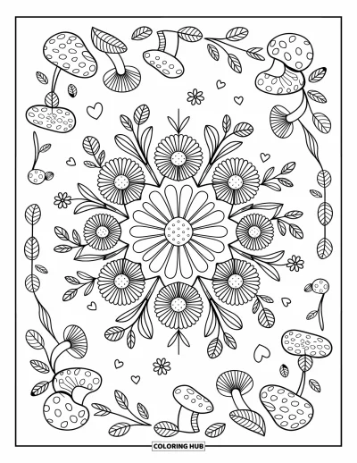 Bohemian Mandala Coloring Page for Adults: Floral mandala of daisies and hibiscus with kawaii mushrooms and doodles