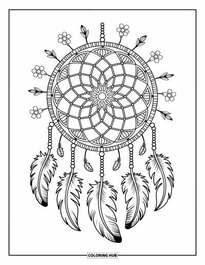 Bohemian Mandala Coloring Page for Adults: Hanging dreamcatcher mandala with feathers, flowers, and cozy mini elements