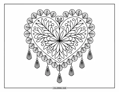 Bohemian Mandala Coloring Page for Adults: Intricate heart mandala with leafy clusters, lace loops, and cute kawaii details