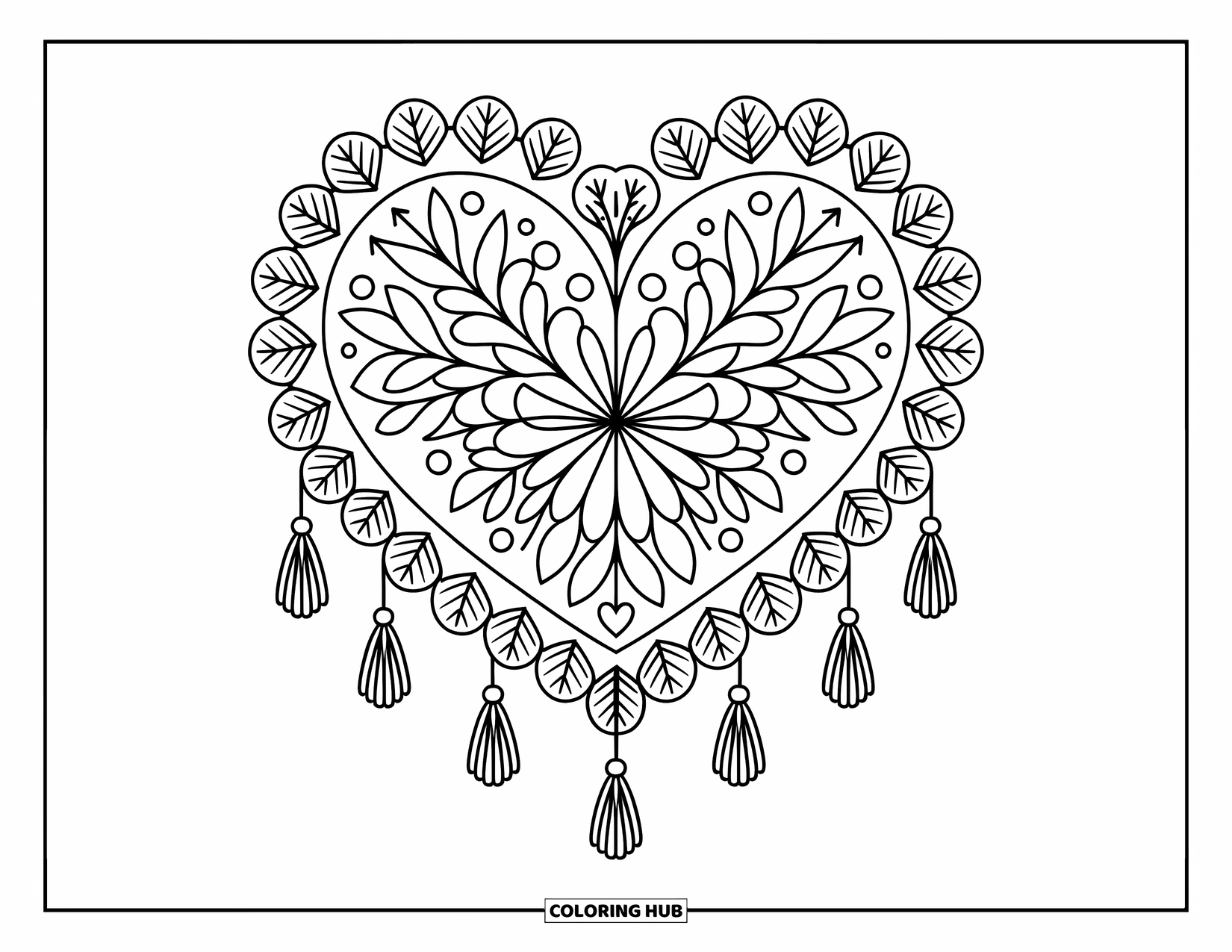 Bohemian Mandala Coloring Page for Adults: Intricate heart mandala with leafy clusters, lace loops, and cute kawaii details