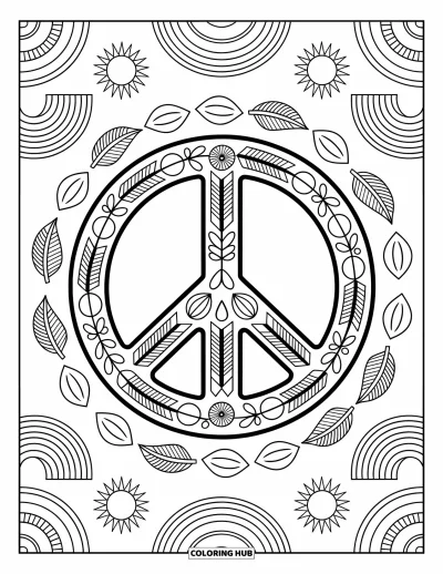 Bohemian Mandala Coloring Page for Adults: Peace-sign mandala with arrowheads, shells, suns, and rainbows
