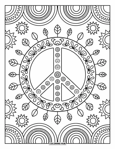 Bohemian Mandala Coloring Page for Adults: Playful peace-sign mandala with rainbows, fronds, and cozy details