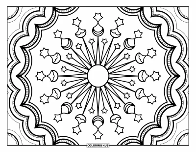 Bohemian Mandala Coloring Page for Adults: Radiant sunburst mandala with clouds, stars, and dreamy kawaii touches