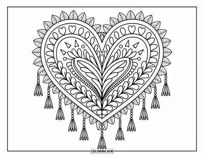 Bohemian Mandala Coloring Page for Adults: Symmetrical heart mandala filled with arrows, tassels, and cozy doodles