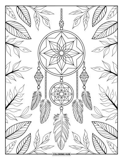 Bohemian Mandala Coloring Page for Kids: A boho dreamcatcher with leaves, beads, and a patterned center