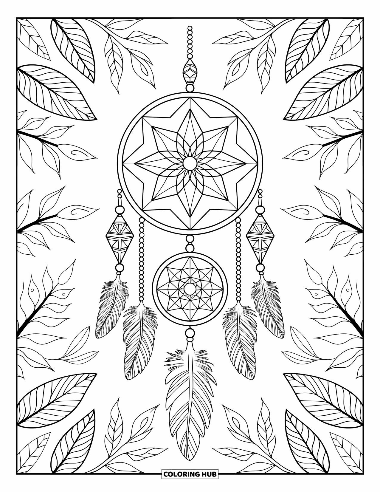 Bohemian Mandala Coloring Page for Kids: A boho dreamcatcher with leaves, beads, and a patterned center