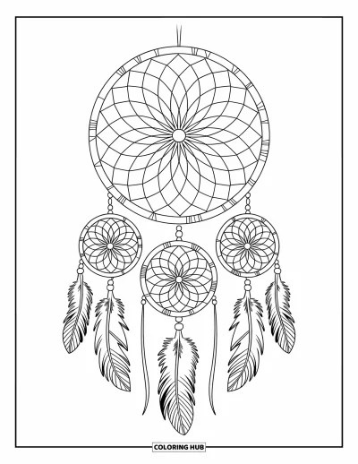 Bohemian Mandala Coloring Page for Kids: A bold dreamcatcher with feathers and layered mandala details