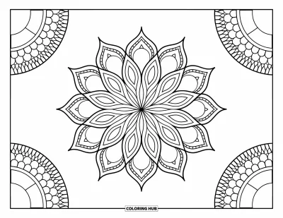 Bohemian Mandala Coloring Page for Kids: A bold lotus with eight petals forming circular mandala layers