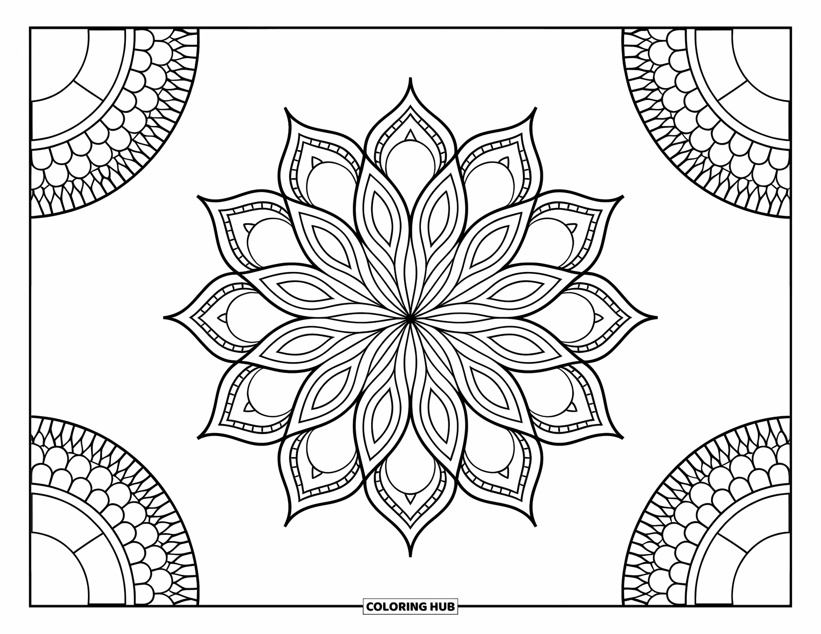 Bohemian Mandala Coloring Page for Kids: A bold lotus with eight petals forming circular mandala layers