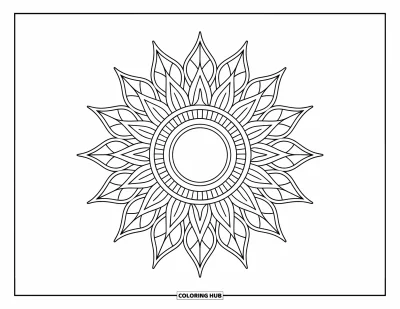 Bohemian Mandala Coloring Page for Kids: A bold sun mandala with leafy rays and concentric patterns