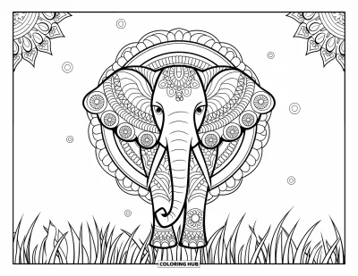Bohemian Mandala Coloring Page for Kids: A calm elephant with decorative ears and soft mandala shapes