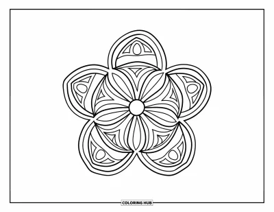 Bohemian Mandala Coloring Page for Kids: A circular mandala with five patterned petals and playful lines