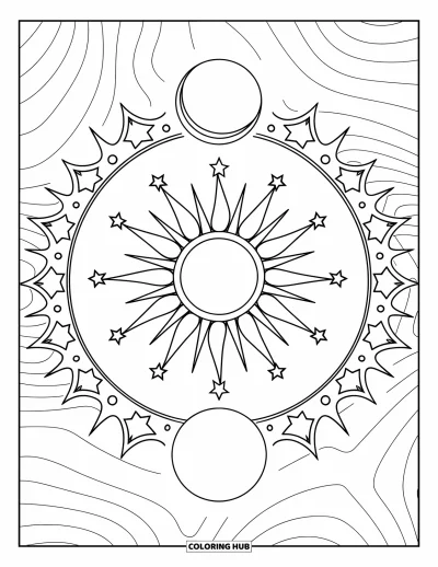 Bohemian Mandala Coloring Page for Kids: A cosmic mandala with rays, stars, and swirls around a central sun