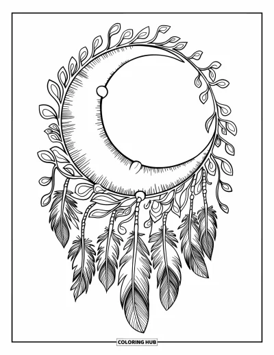 Bohemian Mandala Coloring Page for Kids: A crescent moon wrapped in vines and feathers with a patterned halo