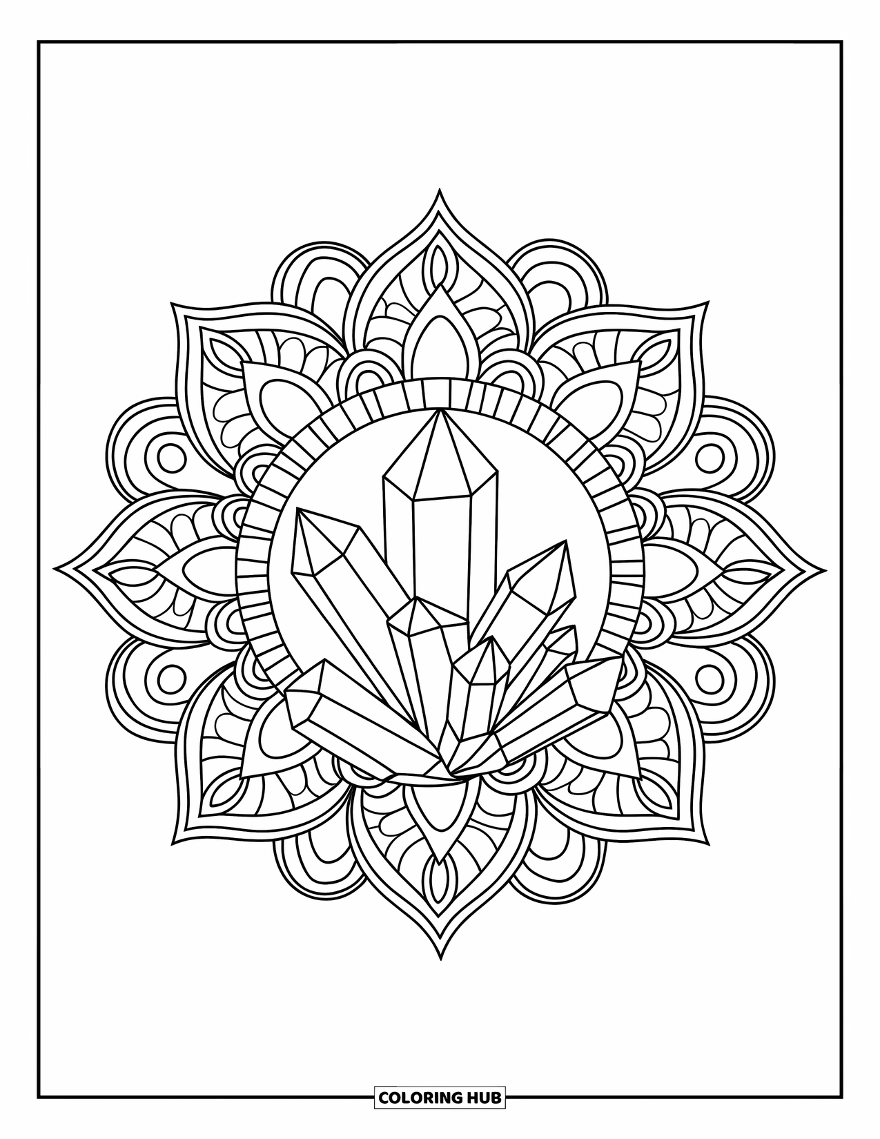 Bohemian Mandala Coloring Page for Kids: A crystal center with swirling mandala patterns behind it