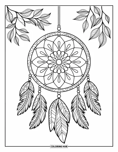 Bohemian Mandala Coloring Page for Kids: A dreamcatcher on a branch with a mandala middle and bead details