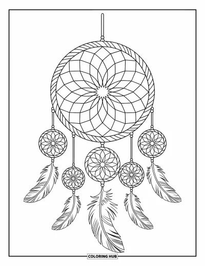 Bohemian Mandala Coloring Page for Kids: A dreamcatcher with layered rings and fine hanging lines