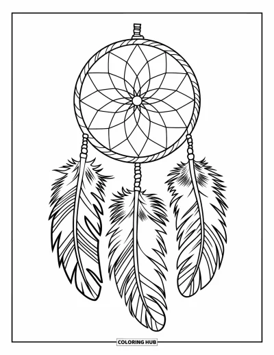 Bohemian Mandala Coloring Page for Kids: A dreamcatcher with three bold feathers and a woven web