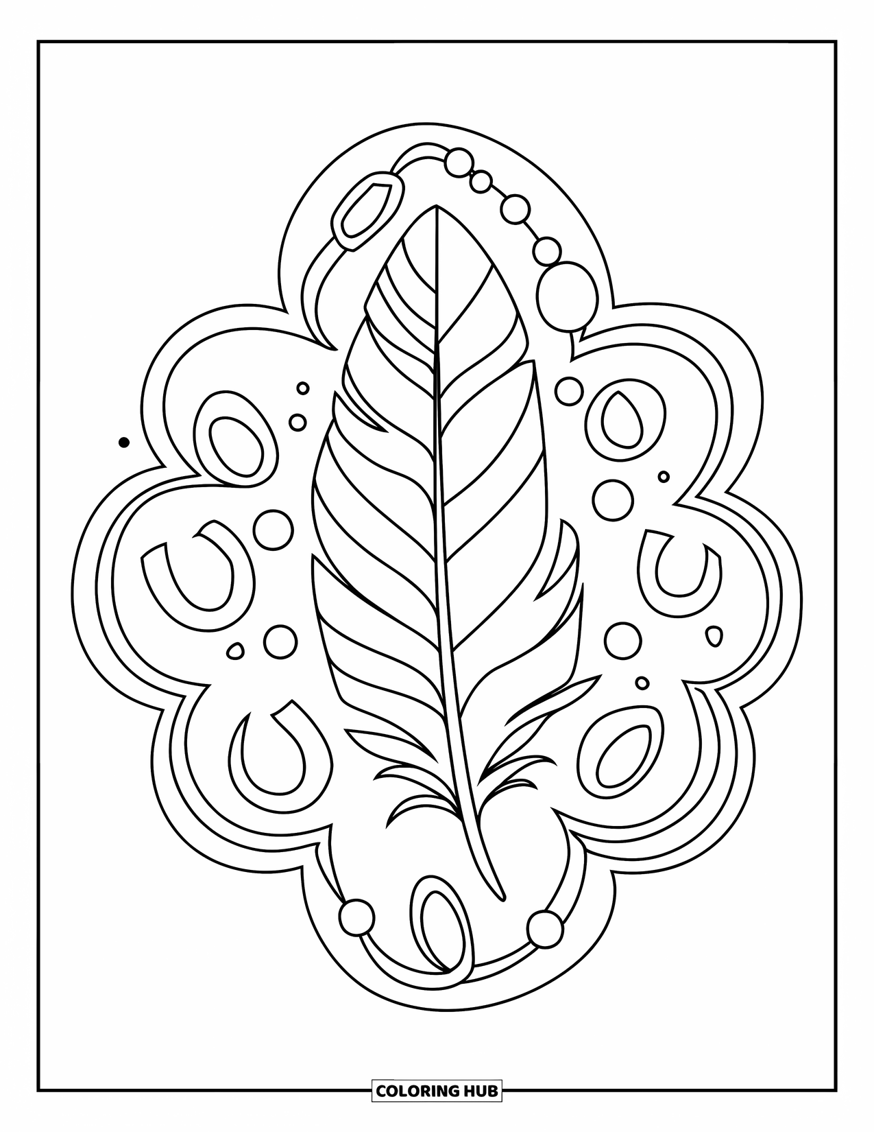 Bohemian Mandala Coloring Page for Kids: A feather design with loops and dots in mandala style