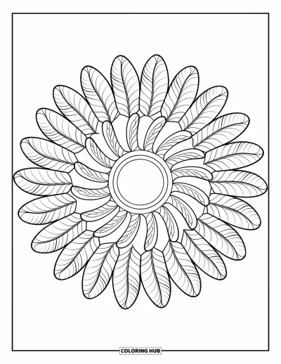 Bohemian Mandala Coloring Page for Kids: A feather mandala with bold lines and varied feather sizes
