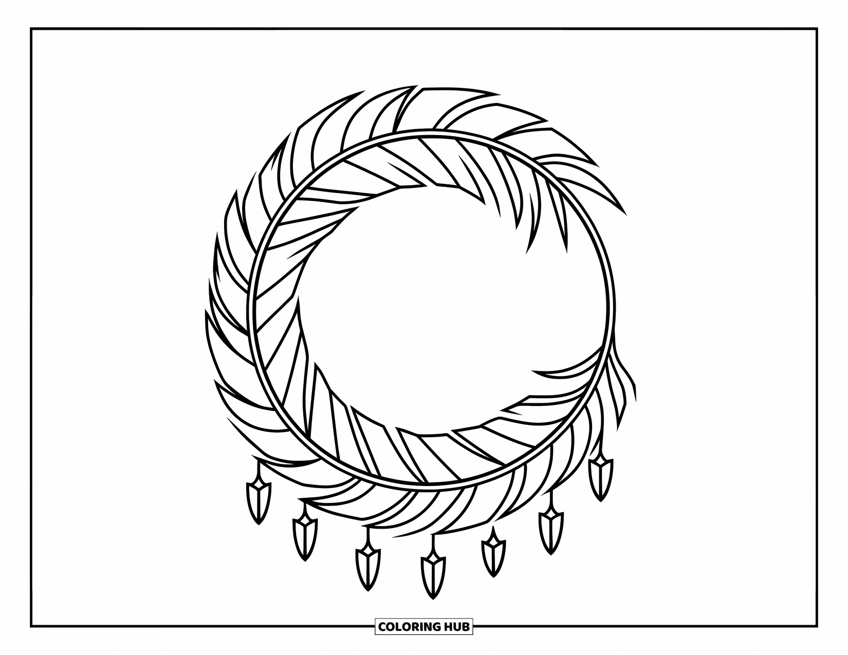 Bohemian Mandala Coloring Page for Kids: A feather ring mandala with arrowhead charms in a boho style