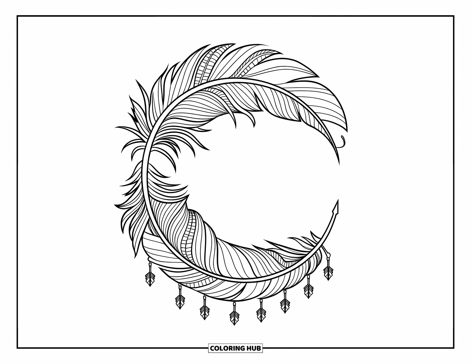 Bohemian Mandala Coloring Page for Kids: A feathered mandala circle with dangling arrowhead details