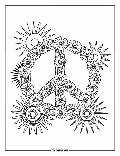 Bohemian Mandala Coloring Page for Kids: A floral peace sign with sunburst patterns and leaves