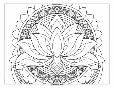 Bohemian Mandala Coloring Page for Kids: A large lotus surrounded by mandala layers of lines and shapes