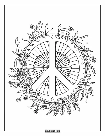 Bohemian Mandala Coloring Page for Kids: A leafy peace symbol with flowers and sun mandala lines