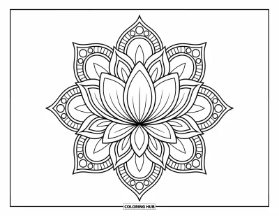 Bohemian Mandala Coloring Page for Kids: A lotus center with patterned petals and growing mandala rings