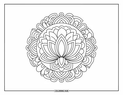 Bohemian Mandala Coloring Page for Kids: A lotus flower expanding into mandala circles with petal details